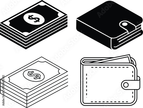 Stack of U S Dollar Bills and Wallets Isometric Icons Black and White money cash