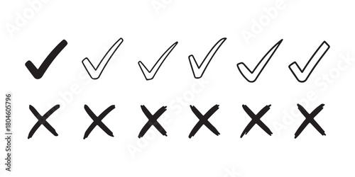 Hand drawn black check marks and crosses on a white background for voting or decision making