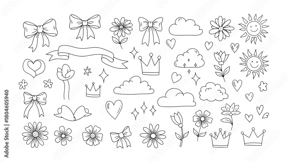 Obraz premium Elegant Embellishments: Collection of charming design elements featuring bows, flowers, hearts, crowns, stars, clouds, and ribbons, creating a playful and whimsical atmosphere.