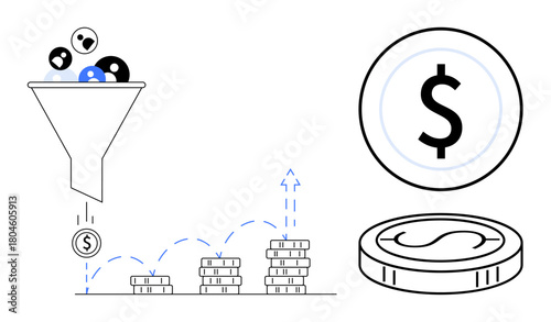 Funnel filtering diverse elements into coins, stacks of money growing incrementally, large dollar sign coin. Ideal for finance, marketing, business growth, investment, sales, conversion revenue
