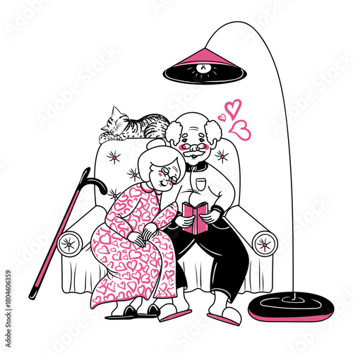 Vector illustration with a loving elderly couple. Valentine's Day print with a grandmother and grandfather. A cute cozy card with an elderly family. A man reads to a woman