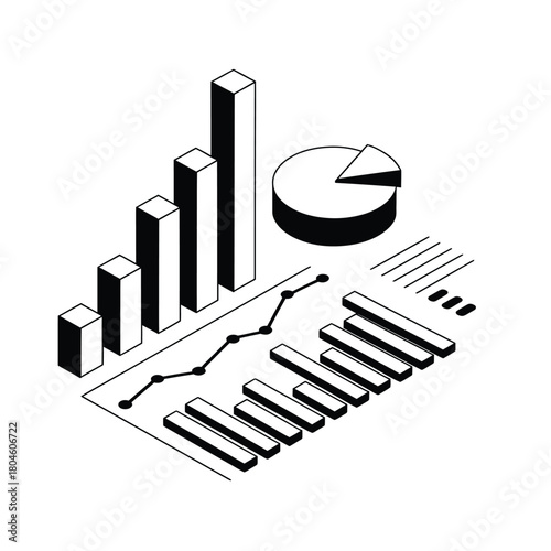 Isometric hand drawn business data charts and graphs illustration