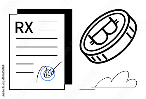 Medical prescription document signed with a stylized pen beside a Bitcoin coin. Ideal for blockchain, healthcare transactions, digital payments, cryptocurrency in medicine, secure documentation