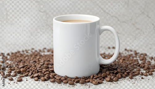 White ceramic coffee mug filled with hot coffee surrounded by roasted coffee beans on transparent background, realistic caffeine drink cup for branding, advertising, packaging, café and product mockup