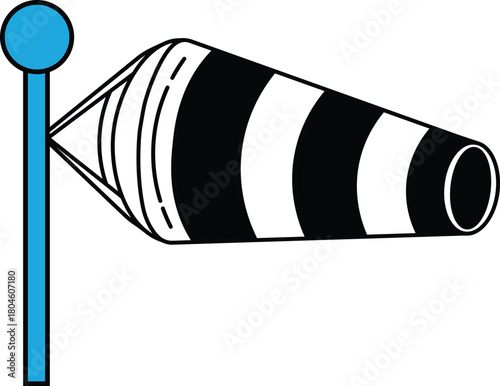 Black and white striped windsock on blue pole with blue circle top weather aviation