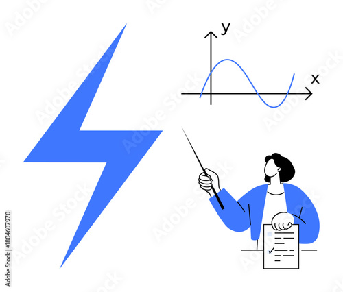 Lightning bolt, teacher holding paper, pointing at graph. Ideal for education, science, energy, teaching, analysis explanation learning. Represents knowledge with a simple flat metaphor