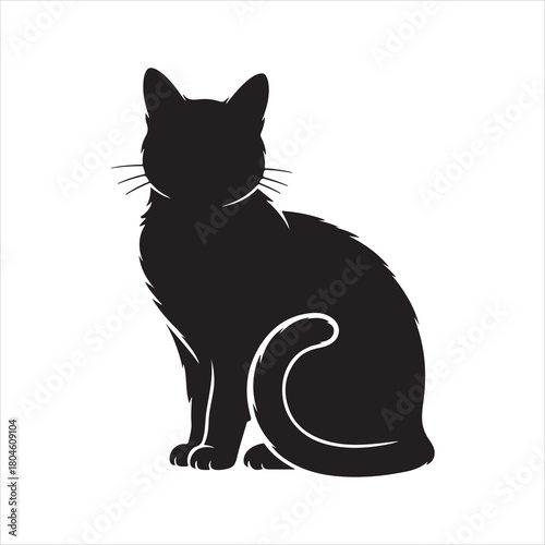 Black Cat Silhouette Vector – Furry Sitting Cat Illustration on White Background