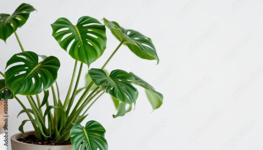 Obraz premium Lush Green Monstera Plant in Modern Pot on Neutral Background for Interior Design Inspiration