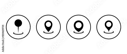 Place marker icon set in circular outline. Map pin, location and gps pointer symbol