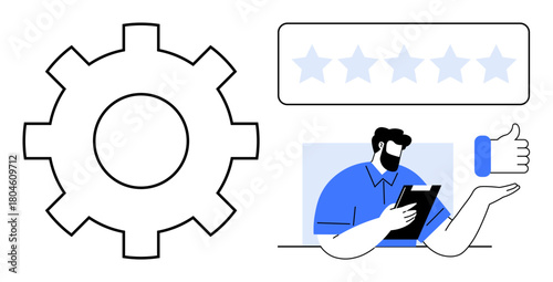 Gear representing process, review stars for quality feedback, and professional viewing tablet. Ideal for teamwork, analysis, evaluation, customer satisfaction, process improvement, productivity