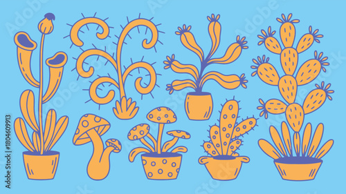 Funky retro potted cactus and surreal plants cartoon vector
