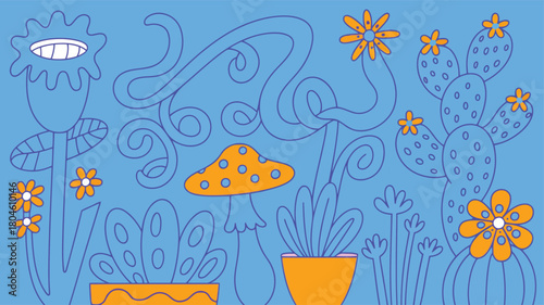 Funky psychedelic retro plant garden cartoon vector illustration