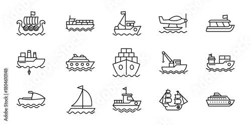 Diverse Collection of Boat and Ship Icons for Transportation and Nautical Themes