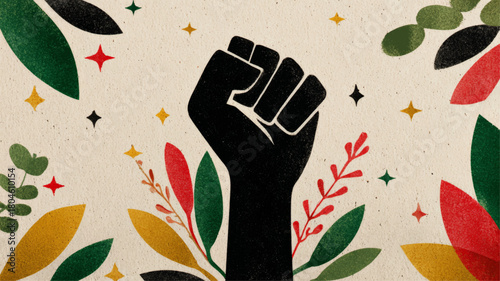 Bold raised fist illustration celebrating Black History Month with textured activist symbolism and powerful cultural pride on minimalist vector background.