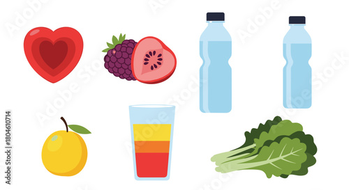 Healthy food and drink items including a heart, berries, an apple, a layered drink, water bottles, and leafy greens.