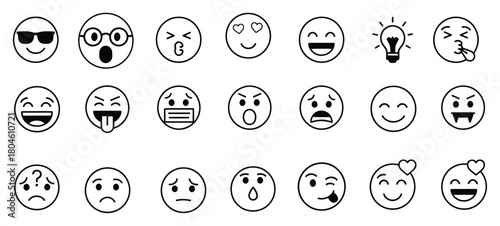 Collection of hand drawn outline emoji faces expressing various emotions