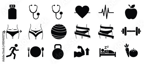 Collection of black and white icons representing health fitness and wellness
