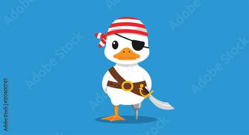 Cute cartoon pirate duck wearing a bandana, eye patch, and a hook for a leg.