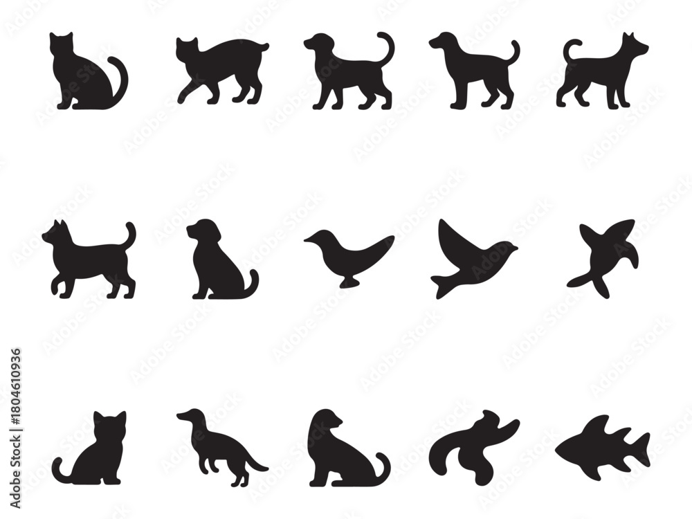 Obraz premium Minimal Pet Icons – Cat Dog Bird Fish Silhouette Vector Collection – Vol.2 