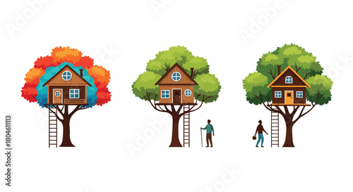 Three cartoon treehouses with people in a row, featuring different foliage colors and decorative elements.