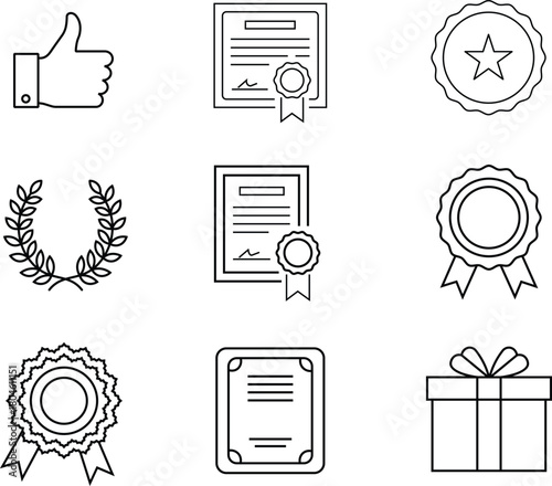 Thumbs up certificate laurel wreath star medal gift box icons award badge