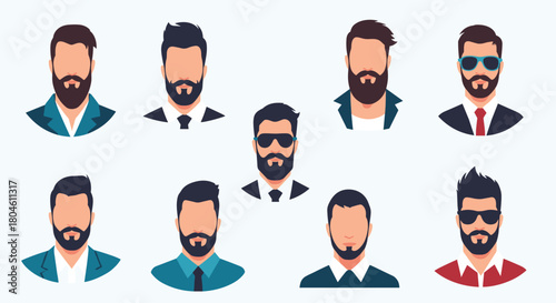 Collection of diverse male avatars with various beard styles and fashionable outfits.