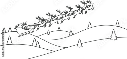 Santa claus reindeer sleigh christmas winter holiday snow trees outline drawing