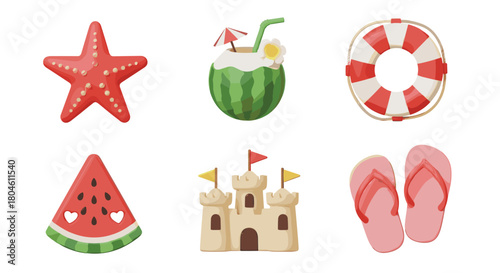 Collection of summer beach icons including a starfish, coconut drink, life preserver, watermelon, sandcastle, and flip-flops.
