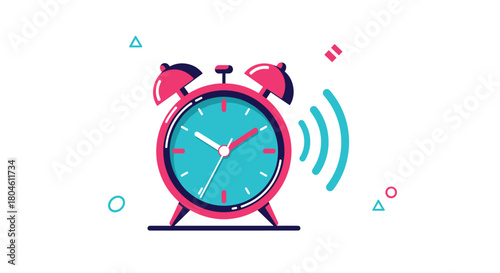 Retro alarm clock with pink frame and turquoise face ringing with sound waves, vector illustration.