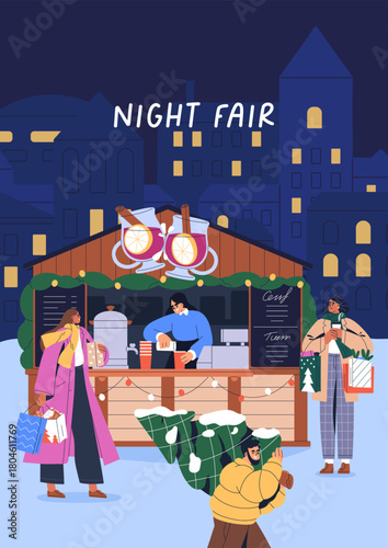 Christmas night fair, card design. Winter holiday market with people at stall...