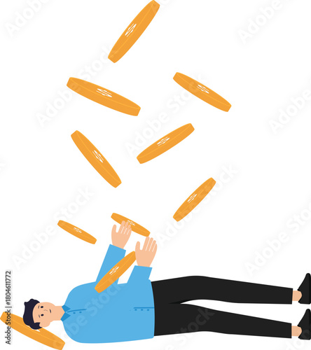 cost and expense problem concept, financial mistake lose money, investment risk or trade failure debt and loan, businessman fall on floor lost all money dollar coin.
