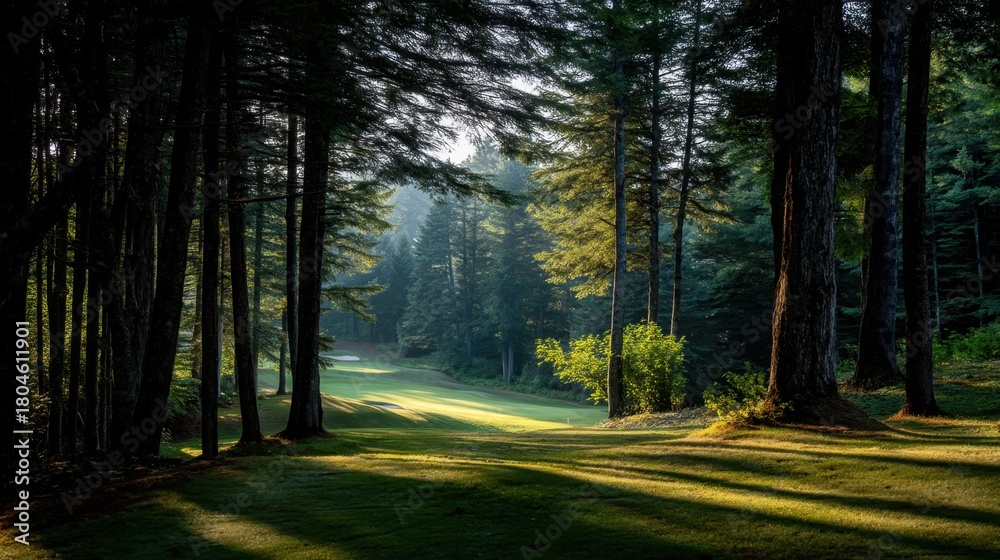 Fototapeta premium Serene Morning Light Glimmers Through Forest Trees on a Golf Course Surrounded by Nature's Tranquility and Vibrant Greenery