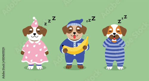 Three cute cartoon puppies in pajamas are sleeping with z's floating above them.