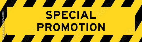 Yellow and black color with line striped label banner with word special promotion