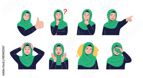 A woman in a green hijab expresses a variety of emotions and gestures, from thinking to surprise.