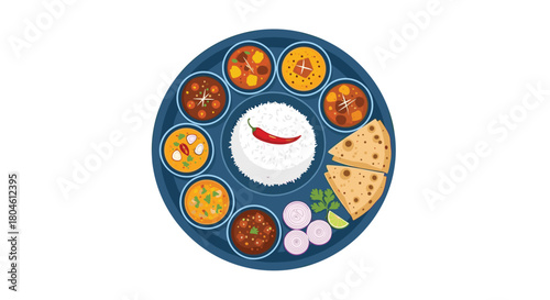 Overhead view of a traditional Indian thali meal served on a blue platter.