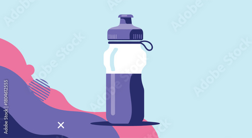 Modern illustration of a purple and white water bottle on a colorful abstract background.