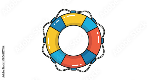 Illustration of a colorful life preserver with ropes and segmented colors of yellow, blue, and red.