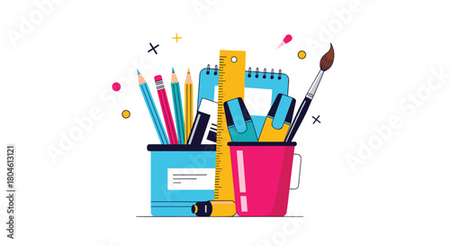 Illustration of school and art supplies in a colorful arrangement.