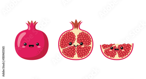 Cute cartoon pomegranates in different forms: whole, halved, and sliced.