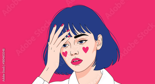 Stylized illustration of a young woman with blue hair and pink heart cheek patches, looking stressed with her hand on her forehead.
