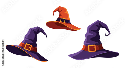 Three cartoon witch hats in orange and purple with buckled bands on a white background.