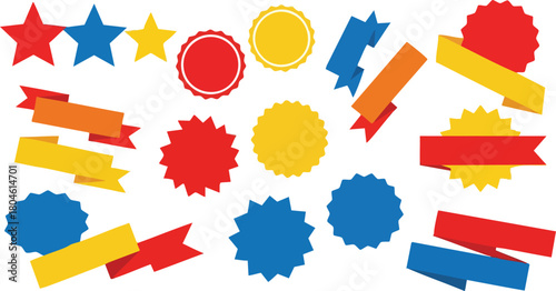 Vibrant Flat Vector Graphic Element Set with Starbursts and Ribbons