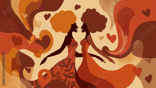 Warm flowing silhouettes celebrating Galentine’s Day with expressive abstract hearts and vibrant feminine shapes symbolizing friendship and sisterhood.