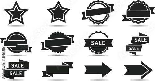 Collection of Black Vector Sale Labels and Star Icons for Marketing