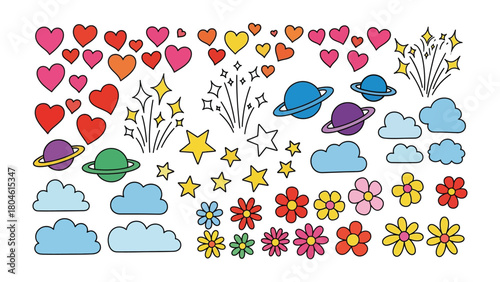 Celestial Array: A vibrant array of playful doodles, encompassing hearts, stars, planets, clouds, and flowers. Each element radiates cheerfulness and artistic flair.