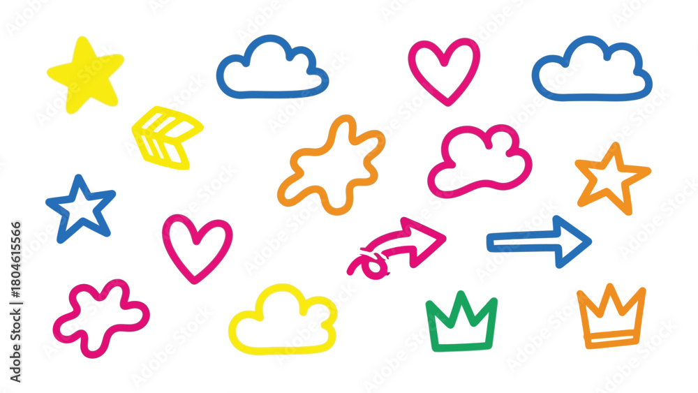 Obraz premium Hand-drawn Illustrations: A vibrant collection of whimsical illustrations, showcasing a playful array of shapes, symbols, and artistic flair, perfect for adding a touch of creativity.