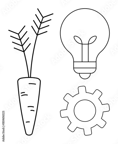 Carrot, gear, and light bulb symbolizing growth, creativity, and innovation. Ideal for agriculture, productivity, sustainability, food technology energy development and brainstorming concepts