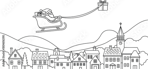 Santa claus christmas holiday winter sleigh gifts presents town cityscape snow eve