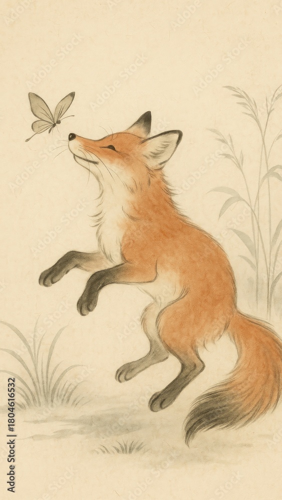 Obraz premium Fox leaping towards butterfly